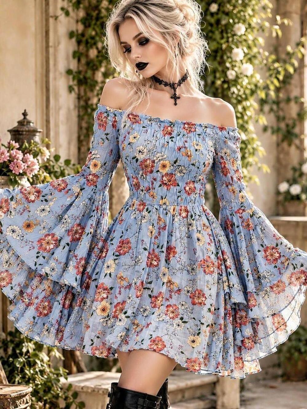 Hippie Laundry Floral Off Shoulder Mini Dress M Bell Sleeve Boho